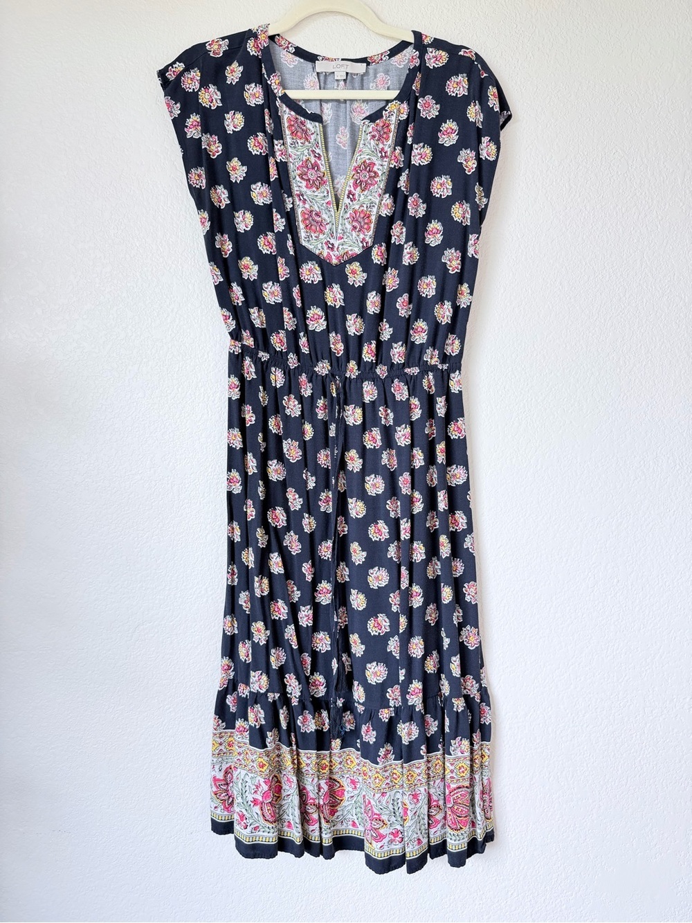 LOFT Navy Floral Border Print Midi Dress Boho Paisley Rayon Medium